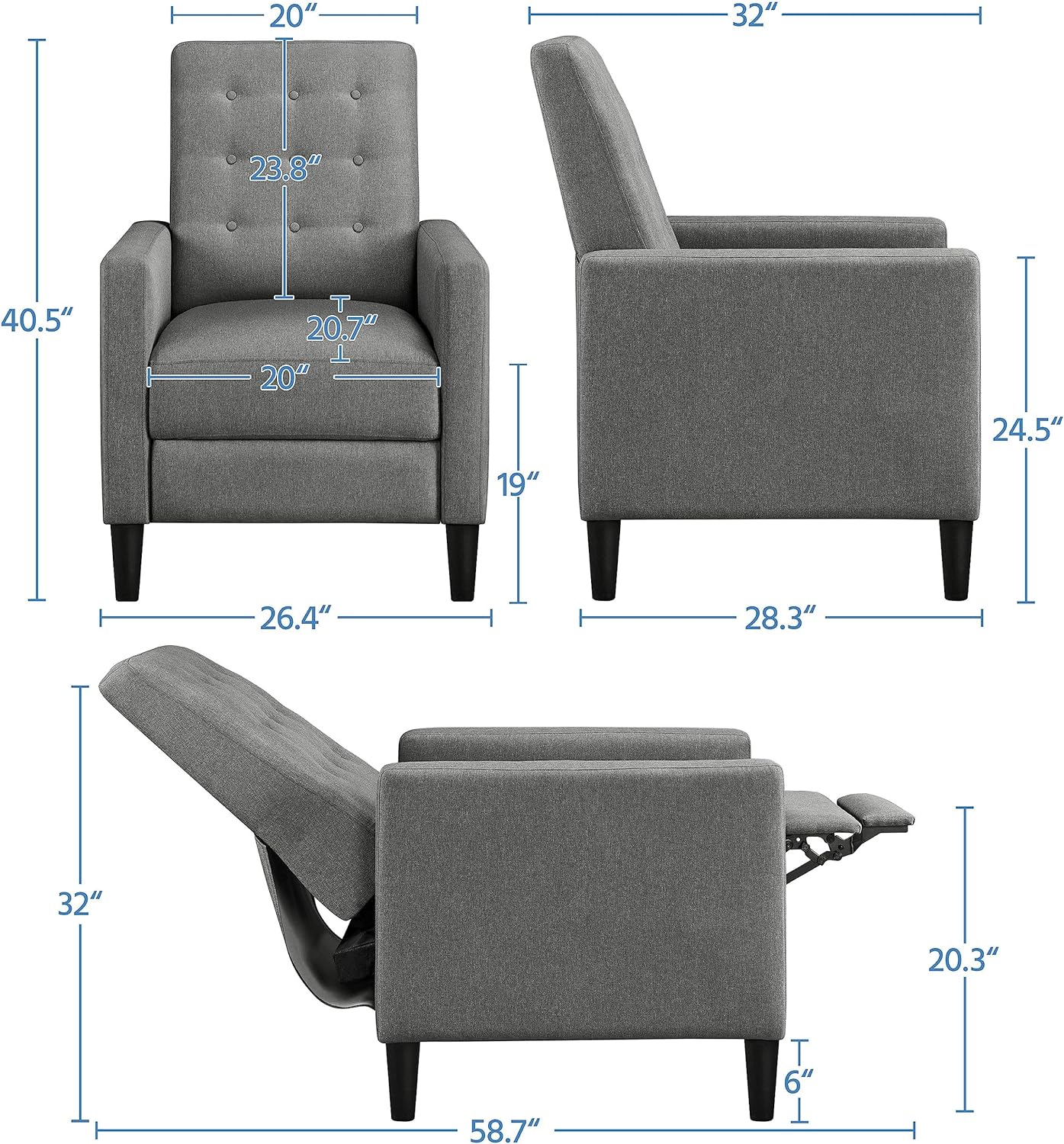 Yaheetech Fabric Recliner Chair with Adjustable Back & Footrest, Mid-Century Modern Accent Armchair Reading Chair, Tufted Upholstered Sofa with Pocket Spring for Living Room Bedroom Gray
