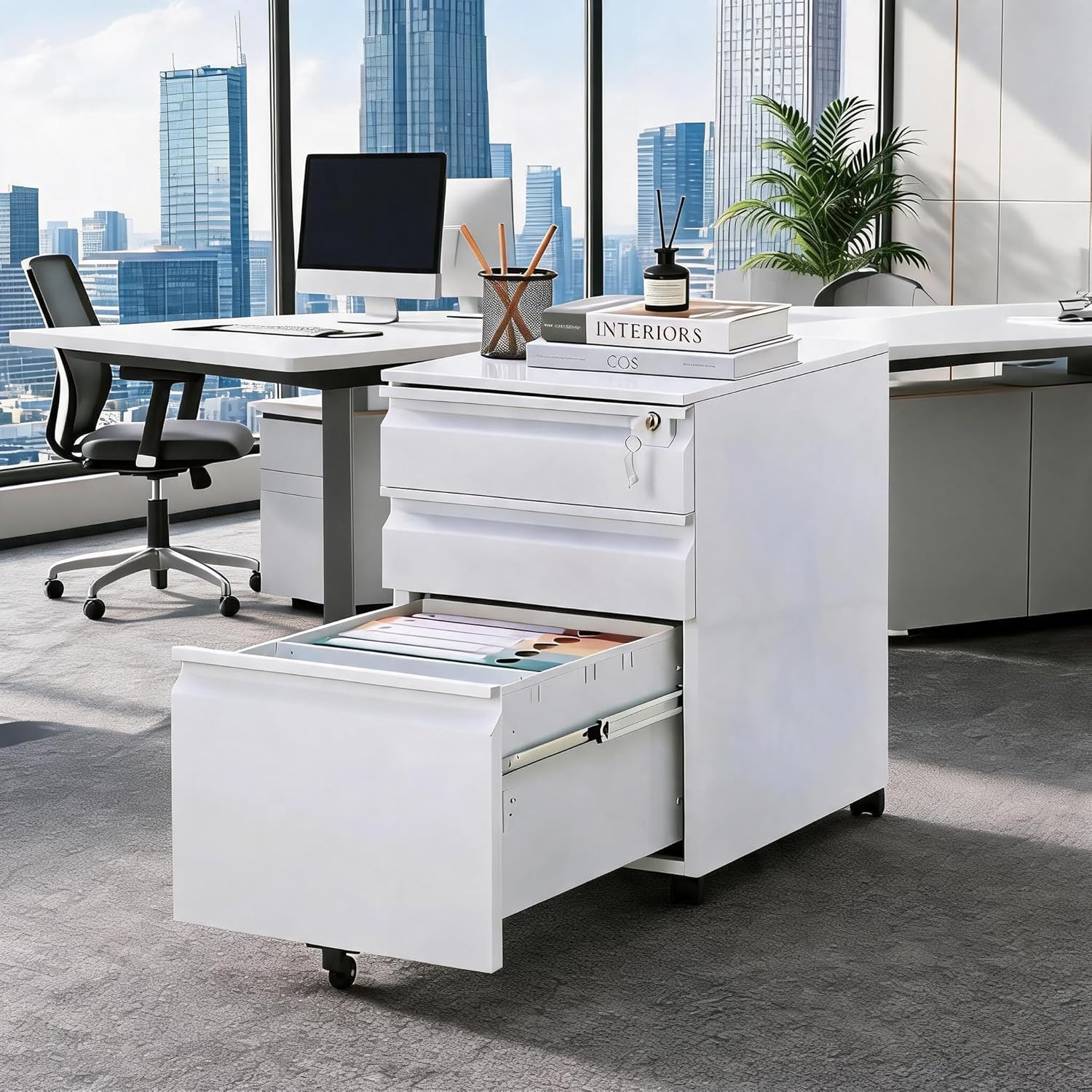 Garvee Mobile Filing Cabinet 3 Drawer,Under Desk File Cabinet with Lock & Anti-Tip Wheel, Metal Rolling Filing Cabinets for Home Office Organizer,a4/Letter/Legal Hanging File Folders