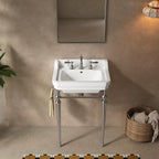 23" Wall Mounted Bathroom Console Sink,Ceramic Vanity Basin with 3 Pre-Drilled Faucet Holes, Freestanding Stainless Steel Legs & Towel Bar, No Faucet & Sink Cover,Chrome (Chrome, 23")