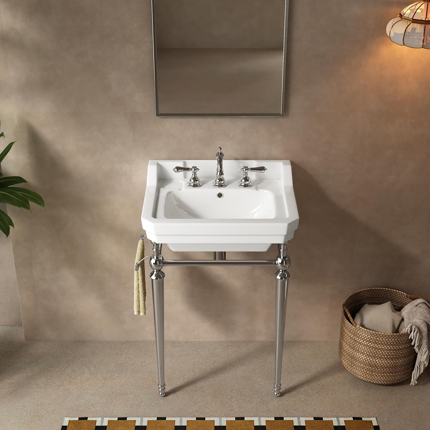 23" Wall Mounted Bathroom Console Sink,Ceramic Vanity Basin with 3 Pre-Drilled Faucet Holes, Freestanding Stainless Steel Legs & Towel Bar, No Faucet & Sink Cover,Chrome (Chrome, 23")