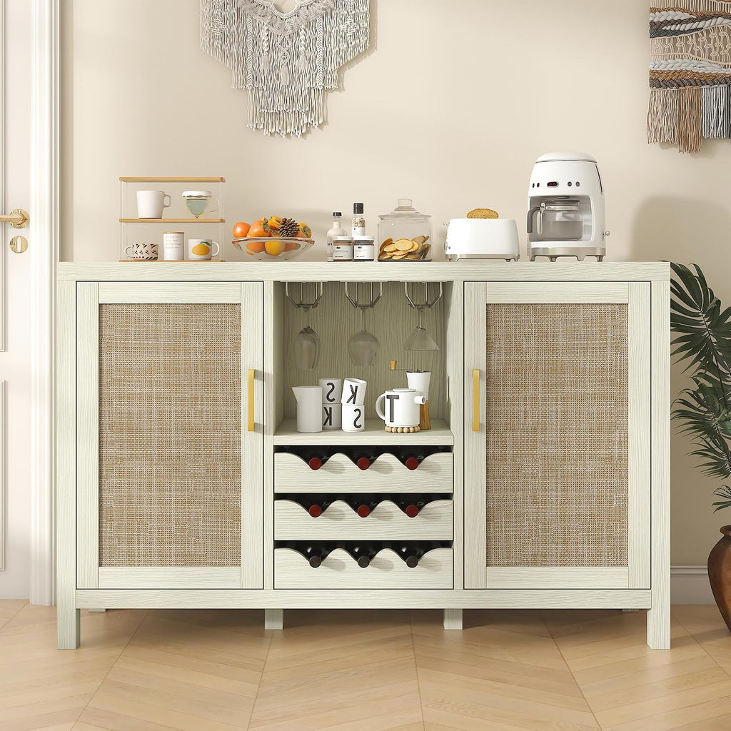 Rattan Wine Bar Cabinet, Boho Rattan Home Bar with Glass Holder and Drawer Style Racks, Oak Sideboard Buffet Storage Cabinet for Living Dining Room Kitchen (White Oak)