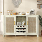 Rattan Wine Bar Cabinet, Boho Rattan Home Bar with Glass Holder and Drawer Style Racks, Oak Sideboard Buffet Storage Cabinet for Living Dining Room Kitchen (White Oak)