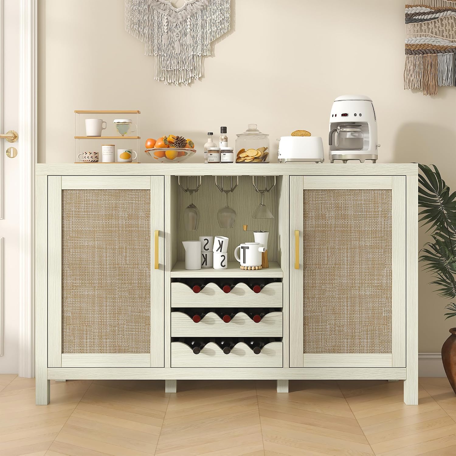 Rattan Wine Bar Cabinet, Boho Rattan Home Bar with Glass Holder and Drawer Style Racks, Oak Sideboard Buffet Storage Cabinet for Living Dining Room Kitchen (White Oak)
