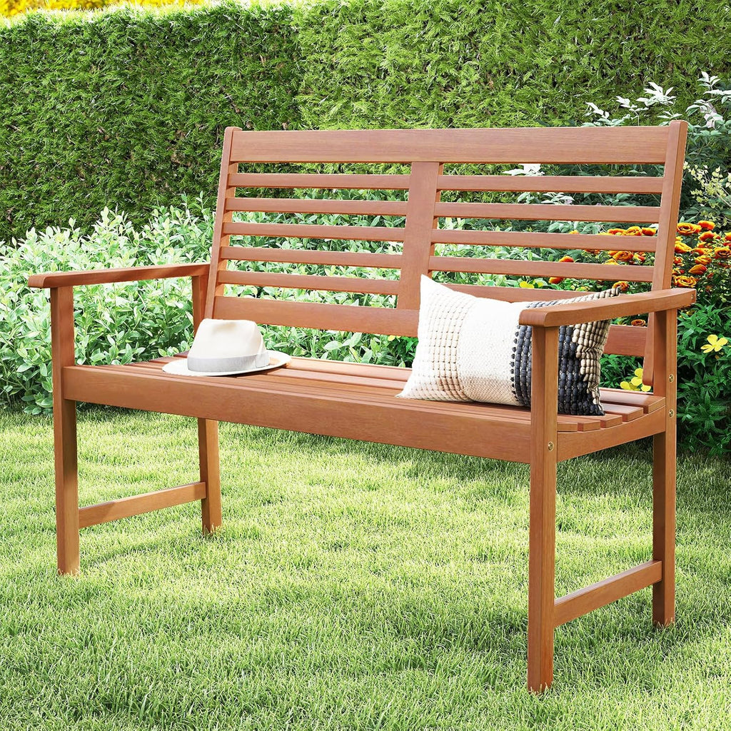 Tangkula Wood Outdoor Bench, 2-Person Patio Bench with Ergonomic Backrest & Armrests, Slatted Seat, Teak Oil Finish, for Front Porch, Backyard, Park, Loads up to 660 LBS