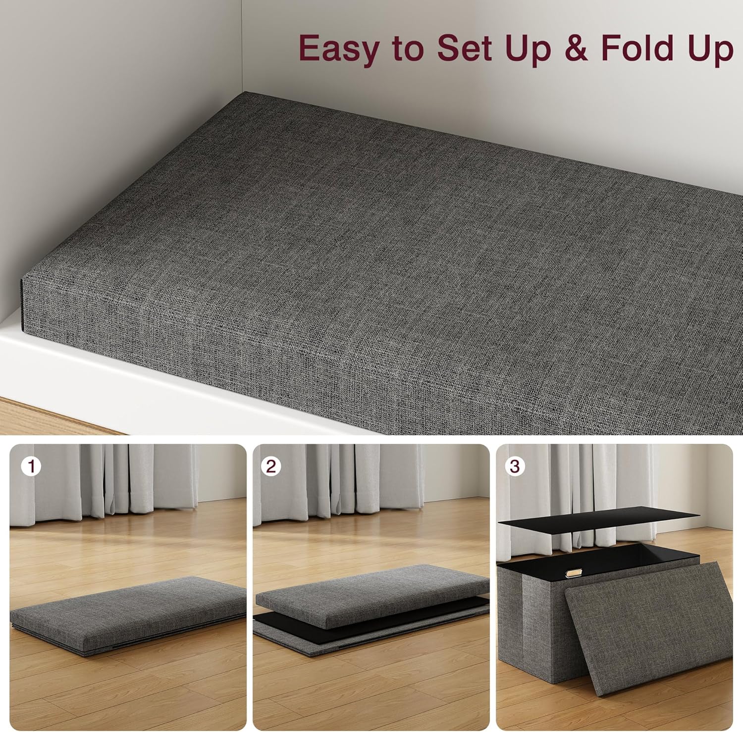VECELO 30'' Folding Storage Ottoman Bench, End of Bed Linen Fabric Foot Rest Stool with Padded Seat, Large Footstools for Bedroom, Living Room, Load 500 lb, Grey
