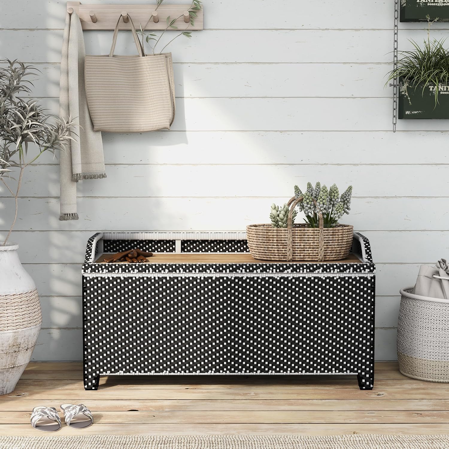 Greemotion Azur Beach Aluminum and All-Weather Wicker 41 in. Wide Storage Bench for Garden, Backyard, Patio, Pool Area, Porch, Black and White