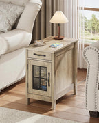 WLIVE End Table with Charging Station, Narrow Side Table for Living Room, Farmhouse Night Stand with Storage, Small Wooden Cabinet Nightstand with USB Ports and Outlets, 23.62" D x 13.78" W x 23.62" H