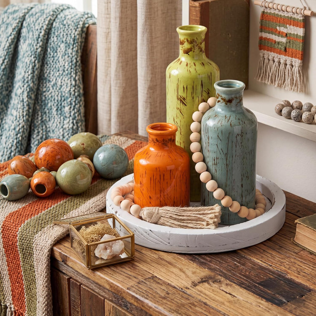 5 Pcs Rustic Country Tabletop Centerpieces Decor Set of 3 Boho Ceramic Vases with Wooden Serving Tray Wood Bead Garland Tassels Table Holder for Home Decorations(Mexican Color)