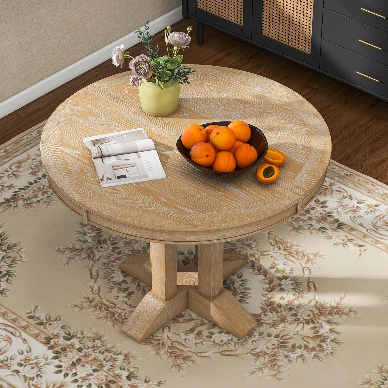 Merax Farmhouse Expandable Round Dining Table, 42 to 56 Inch Vintage Solid Wood Kitchen Table with Removable Oval Leaf, Retro Distressed Finish for Dining Room, Seats 6, Natural
