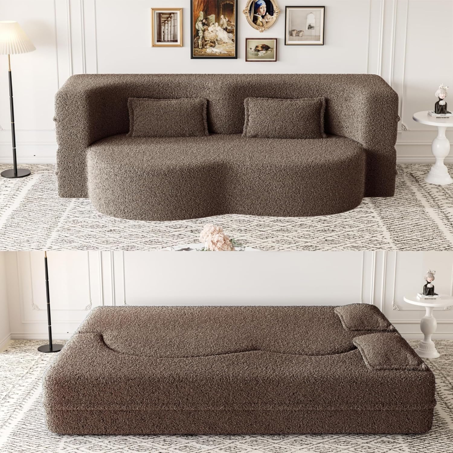 CAPCAEK 78" Folding Foam Sofa Bed,Full Size Folding Mattress Boneless Couch for Living Room,15" Seat Height Convertible Teddy Fabric Foam-Filled Loveseat Sleeper Sofa Bed (Brown)