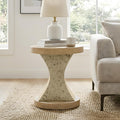 FESTIVITY 17.91" Round MGO Side/End Table with Natural Stone & Wood-Look Finish, Sahara Oak Travertine