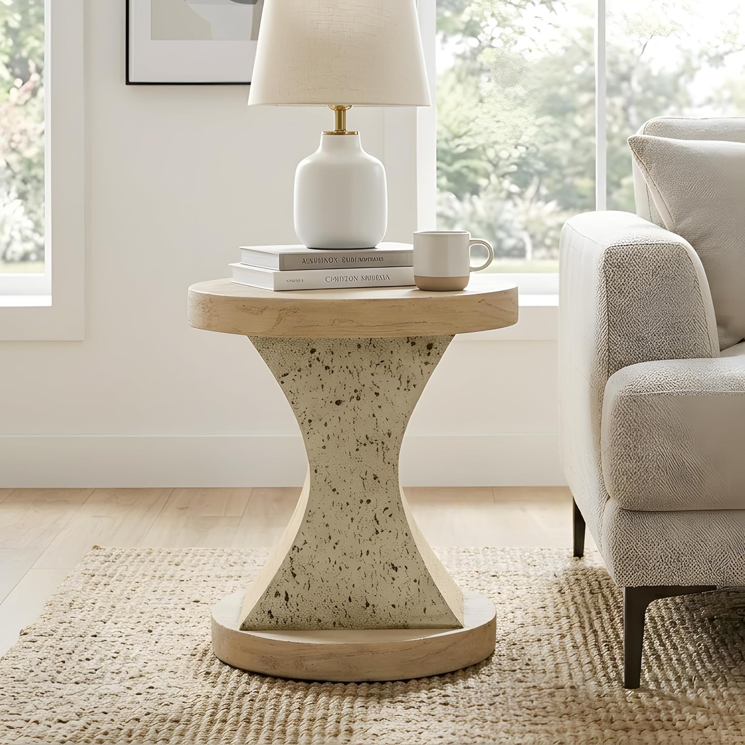 FESTIVITY 17.91" Round MGO Side/End Table with Natural Stone & Wood-Look Finish, Sahara Oak Travertine
