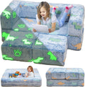 furlinkhm Toddler Couch, Glow in The Dark Kids Play Couch Toddler Fold Out Couch, Kids Fold Out Couch for playroom, Convertible Baby Fold Out Play Foam and Floor Cushion for Bedroom, Blue+Dinosaur