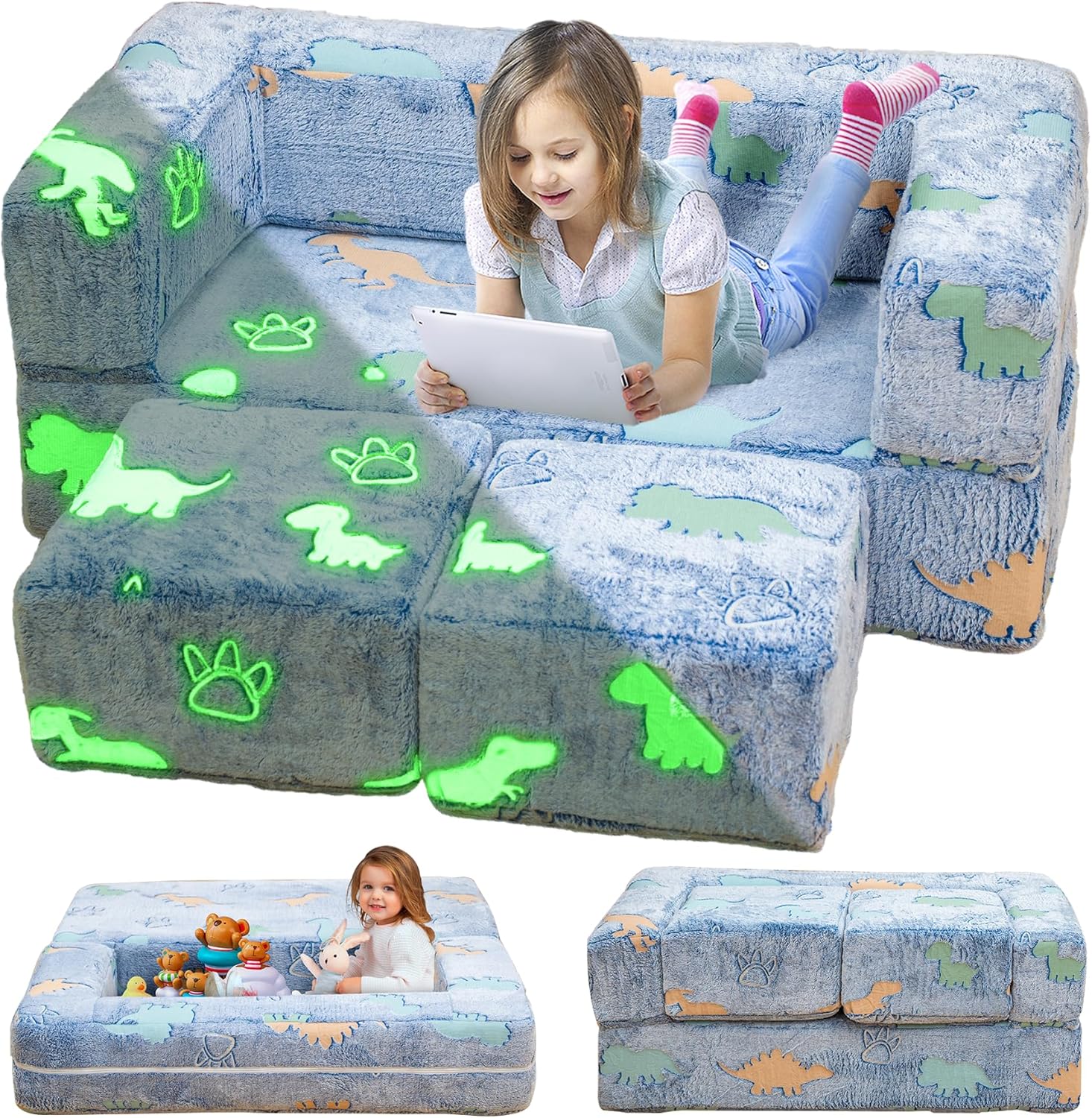 furlinkhm Toddler Couch, Glow in The Dark Kids Play Couch Toddler Fold Out Couch, Kids Fold Out Couch for playroom, Convertible Baby Fold Out Play Foam and Floor Cushion for Bedroom, Blue+Dinosaur