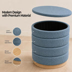 Ottoman Collection Stylish Linen Cylinder Storage Light Blue Round Footrest Vanity Stool Furniture Living Room Small Bench 16" L X16 W X 17" H