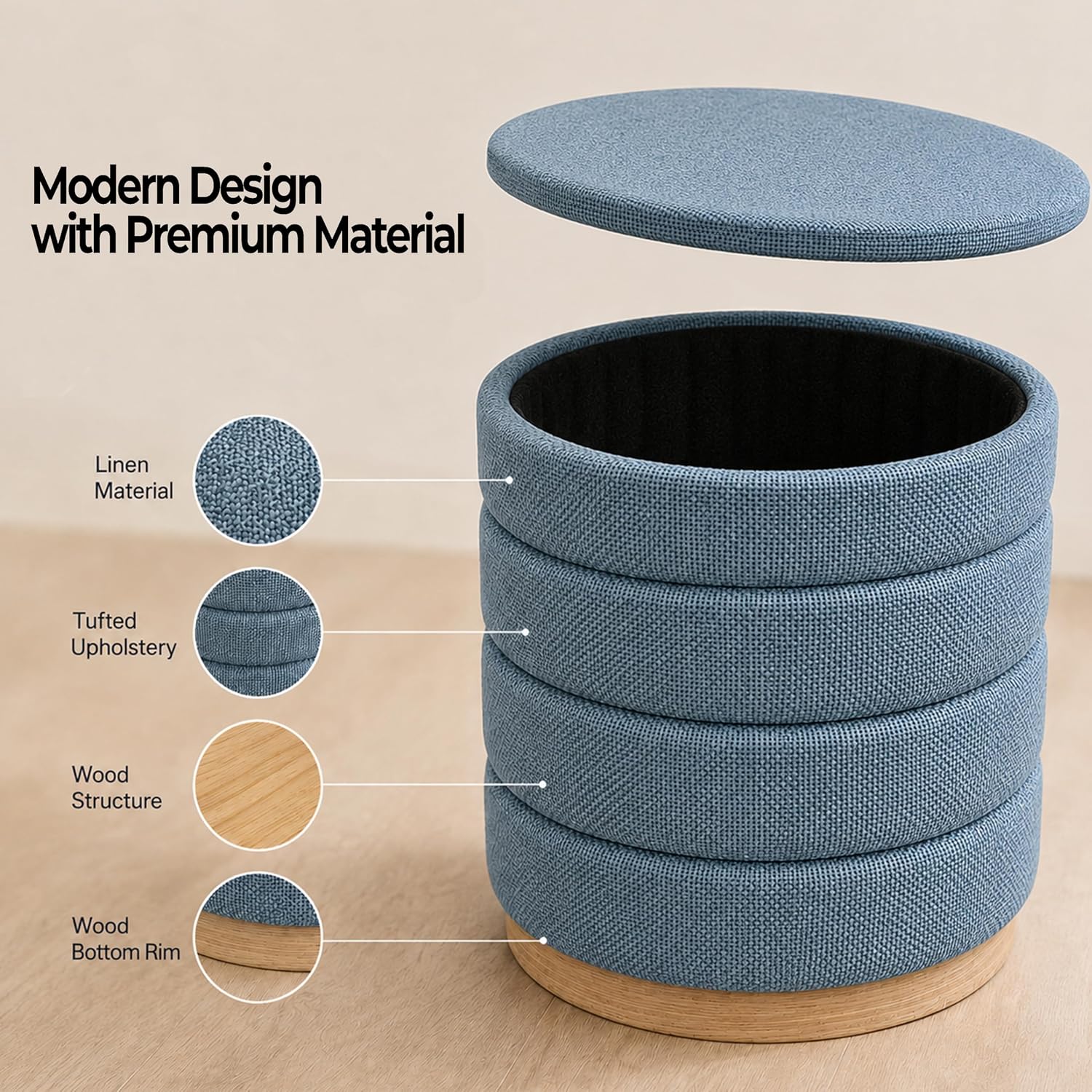 Ottoman Collection Stylish Linen Cylinder Storage Light Blue Round Footrest Vanity Stool Furniture Living Room Small Bench 16" L X16 W X 17" H