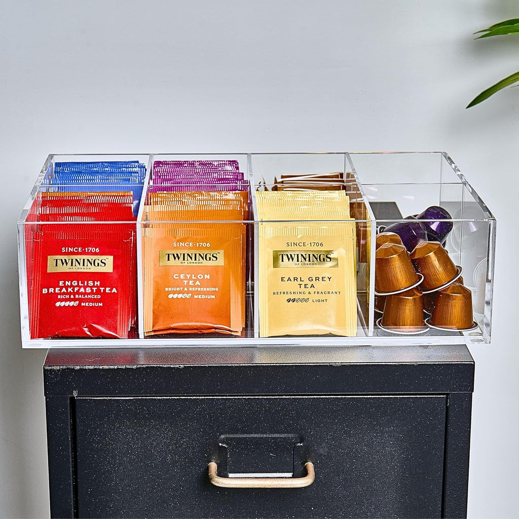 Acrylic Tea Bag Organizer - Clear Tea Storage Box, K Cup Coffee Pods Holder with 8 Compartments, Tea Station Organizer for Countertop, Modern Tea Display Stand