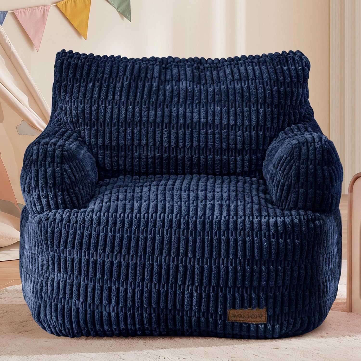 MAXYOYO Bean Bag Chair for Kids, Toddler Bean Bag Sofa with Armrest, Comfy Lazy Chair with Convenient Pockets, Floor Sofa with Filler for Gaming, Reading, Navy