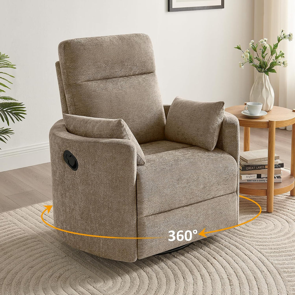 Oversized Nursery Rocking Chair, 360° Swivel Glider Recliner Chair, Chenille Silent Nursery Chair with 2 Pillows and Footrest, Cozy Reclining Sofa for Living Room, Bedroom, Nursing, Camel