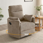 Oversized Nursery Rocking Chair, 360° Swivel Glider Recliner Chair, Chenille Silent Nursery Chair with 2 Pillows and Footrest, Cozy Reclining Sofa for Living Room, Bedroom, Nursing, Camel