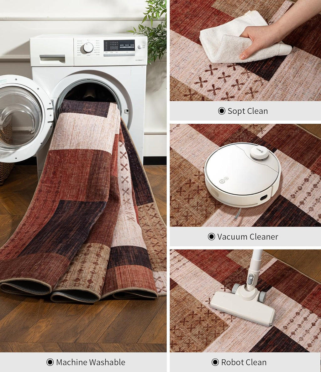 YIHOUSE Brown Modern 5x7 Area Rugs for Living Room, Washable Geometric Patchwork Rug for Bedroom Playroom Non Slip Low Pile, Southwestern Rustic Throw Carpet for Entryway Home Office