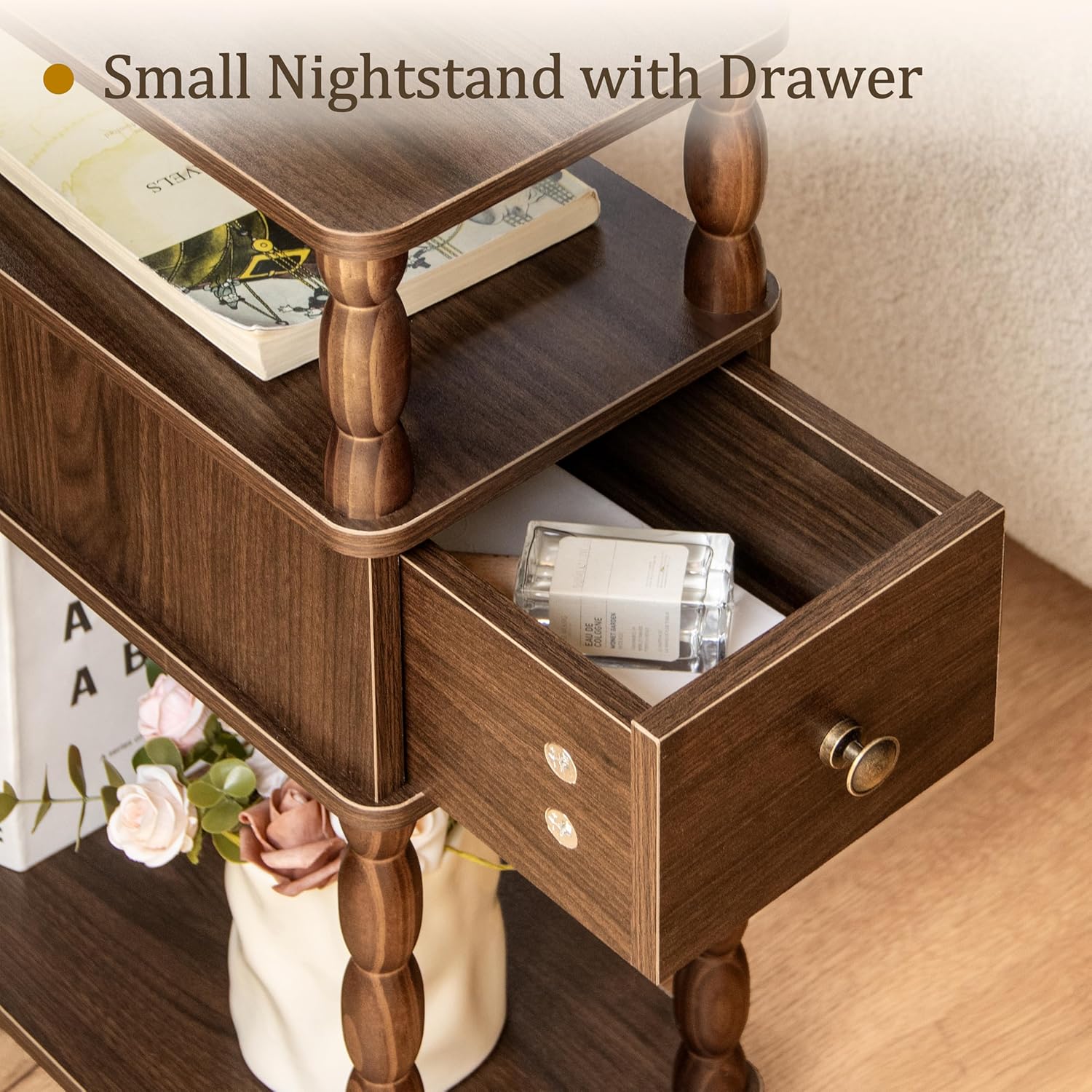 MaxSmeo Narrow Side Table, Small Nightstand with Drawer, Skinny End Table with Storage for Small Spaces, Bedroom, Living Room (Walnut Brown)
