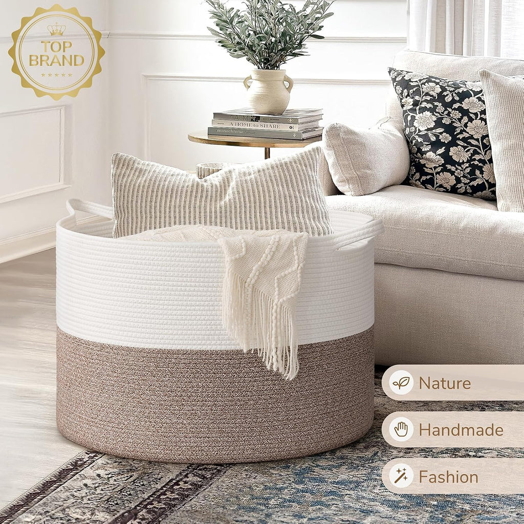 INDRESSME 115L Extra Large Blanket Basket, Soft Cotton Rope Storage Basket for Organizing, Home Decor, Toys, Laundry & Towels, Toy Storage Organizer for Living Room & Nursery, White & Brown