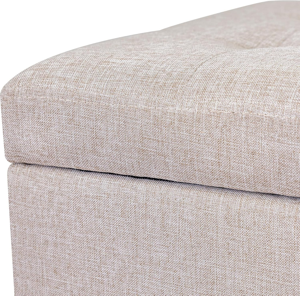 Adeco 18 Inch High Cube Ottoman Storage, Linen Chair Foot Stools, Upholstered Vanity Stool with Hinged Lid, Solid Wood Legs (Beige Grey)