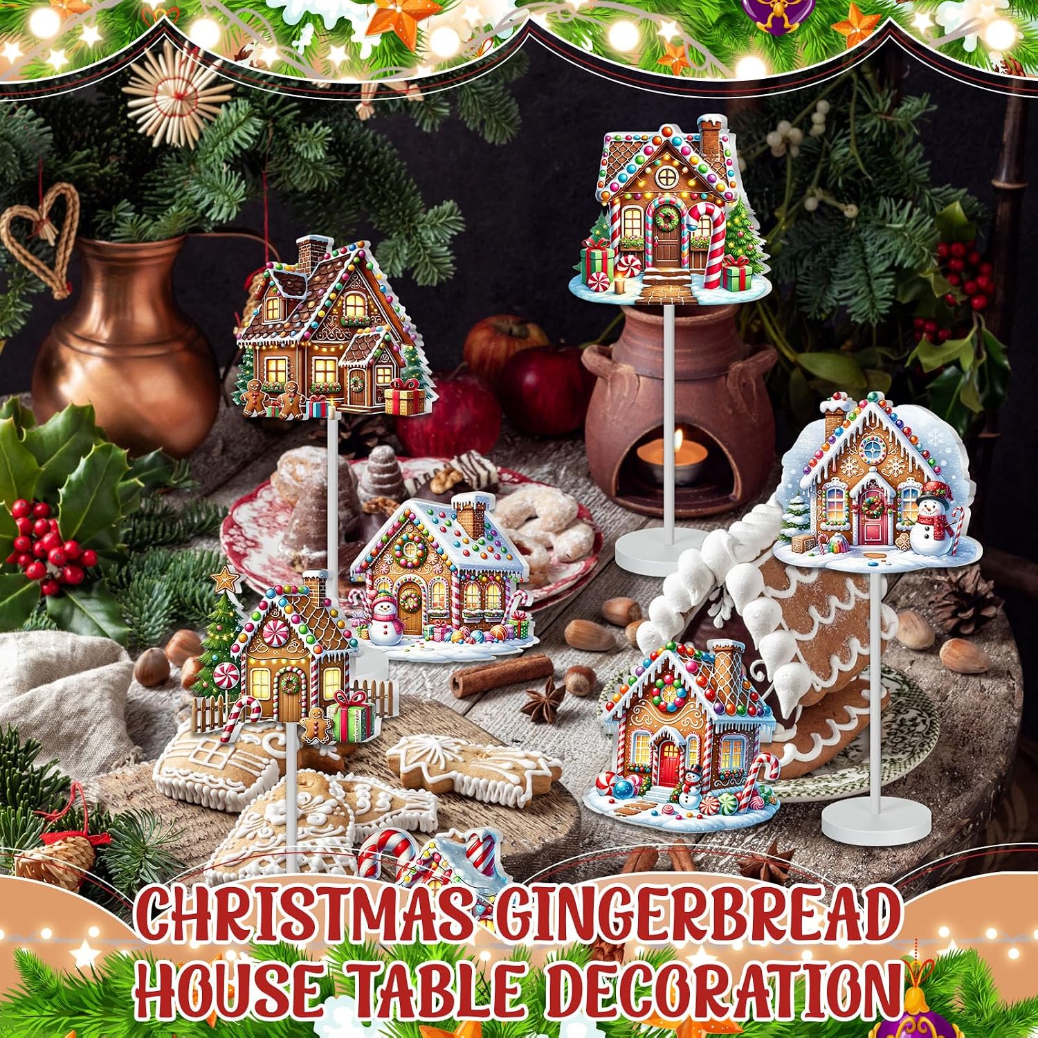 Geelin 10 Pcs Christmas Gingerbread Table Decoration Gingerbread House Decor Christmas Centerpiece for Tables Gingerbreads Theme Tabletop Gift for Xmas Holiday Desk Home Office Party Supplies Decor