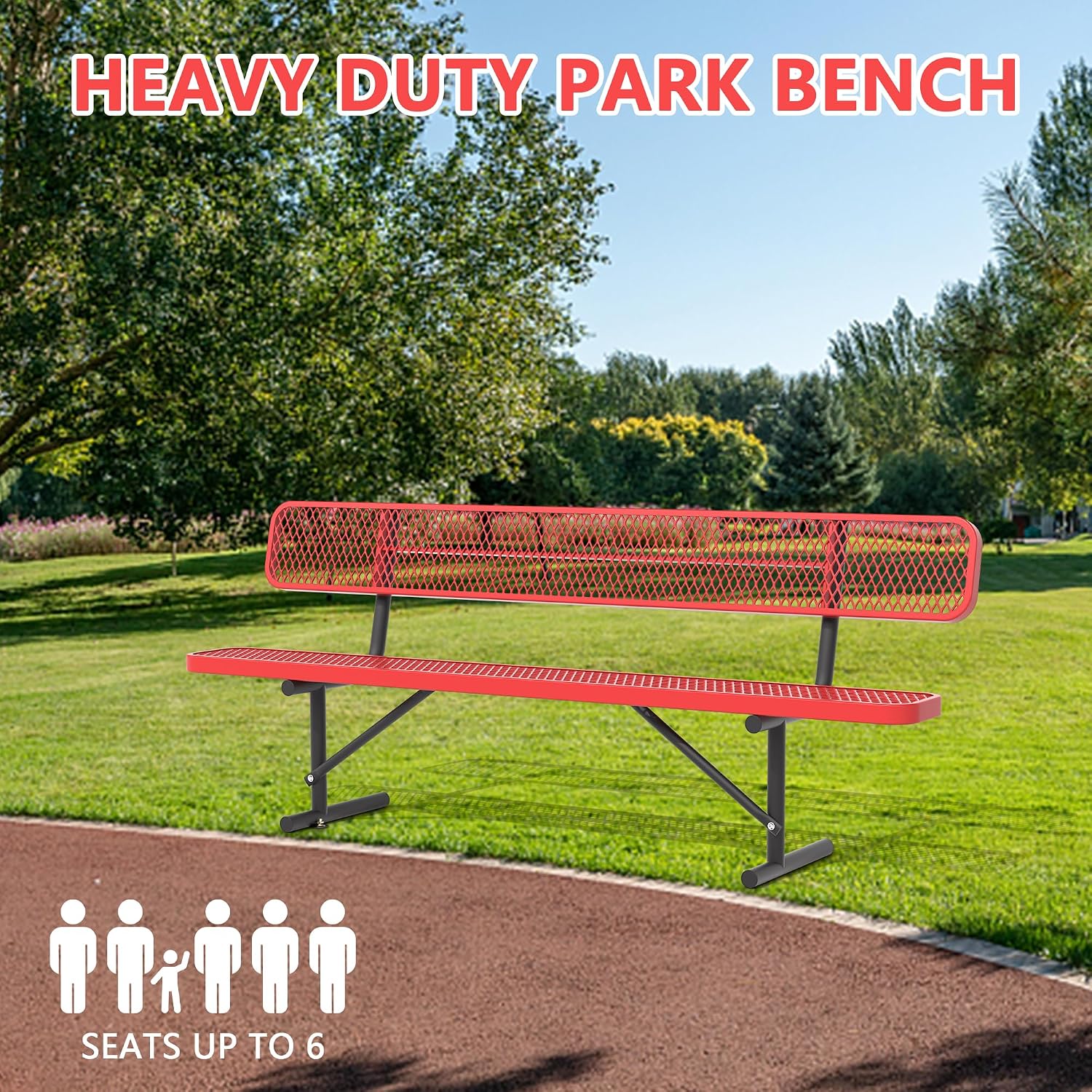 96" Metal Park Benches for Outside - Red Outdoor Benches Heavy Duty Garden Weatherproof Bench with Backrest, Buddy Bench for Schools,Commercial Benches for Shopping Mall, Store, Yard, Patio