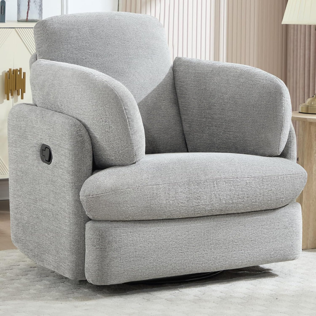 CANMOV Swivel Rocker Recliner, Manual Recliner Chair for Adults, Nursery Glider Rocking Chair with 2 Bolster Pillows and Hidden Storage, Light Grey