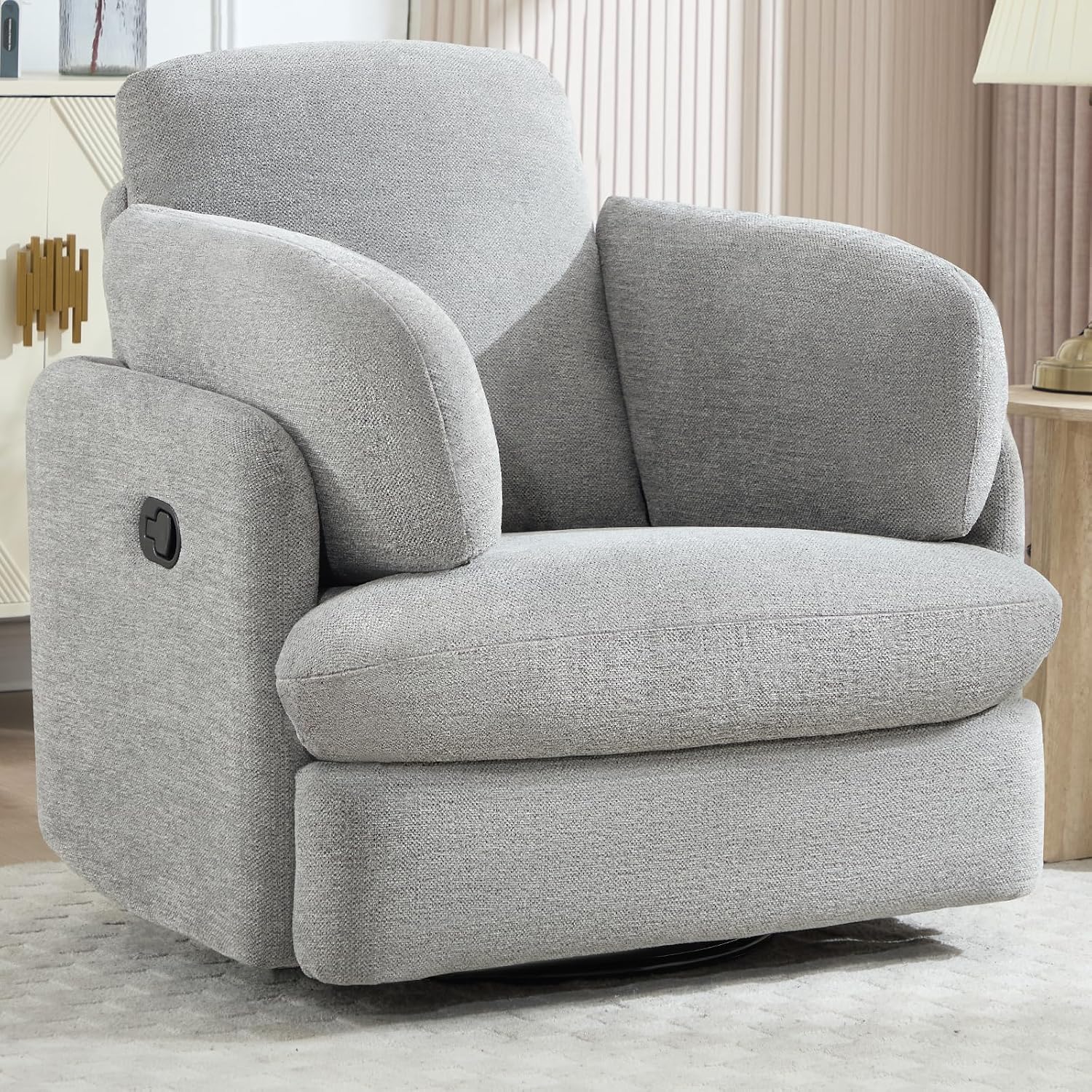 CANMOV Swivel Rocker Recliner, Manual Recliner Chair for Adults, Nursery Glider Rocking Chair with 2 Bolster Pillows and Hidden Storage, Light Grey