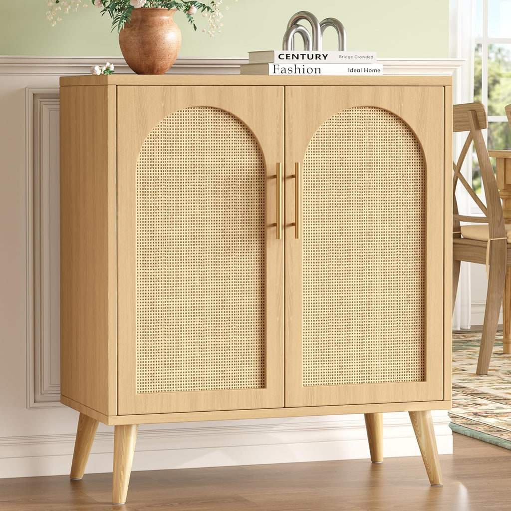 15.7"D Rattan Buffet Sideboard Cabinet with Storage, Modern Accent Cabinet with Adjustable Shelf & Solid Wood Legs, Coffee Bar Cabinet with Doors for Kitchen, Living Room, Entryway, Natural Oak