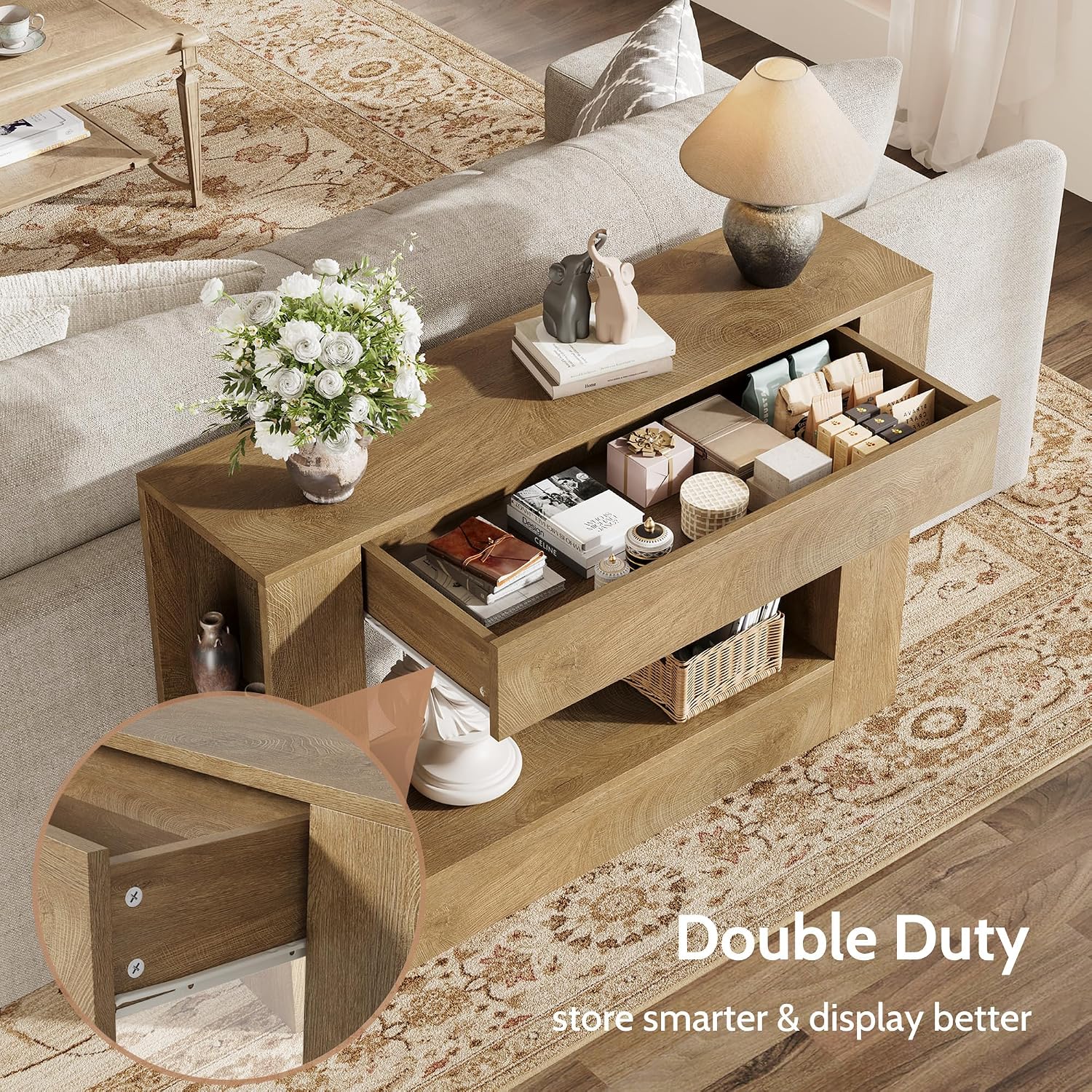 Farmhouse Console Table with Drawer, 47'' Wood Entryway Table with Storage Shelves, Narrow Sofa Table Behind Couch for Living Room, Hallway, Foyer (Natural)