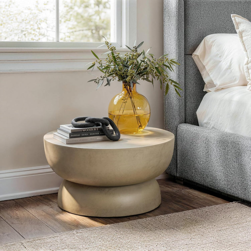 Round End Table, Modern Concrete Side Table with Sculptural Pedestal Base, Low Profile Accent Table for Living Room Bedroom Patio, 23.8" Beige