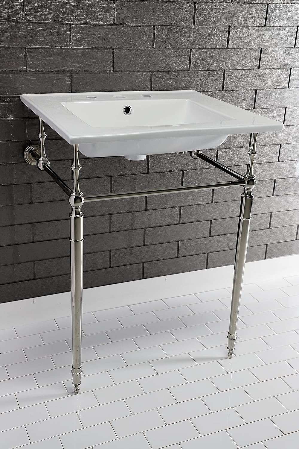 Kingston Brass KVPB25227W8PN Edwardian 25-Inch Console Sink with Brass Legs (8-Inch, 3 Hole), White/Polished Nickel