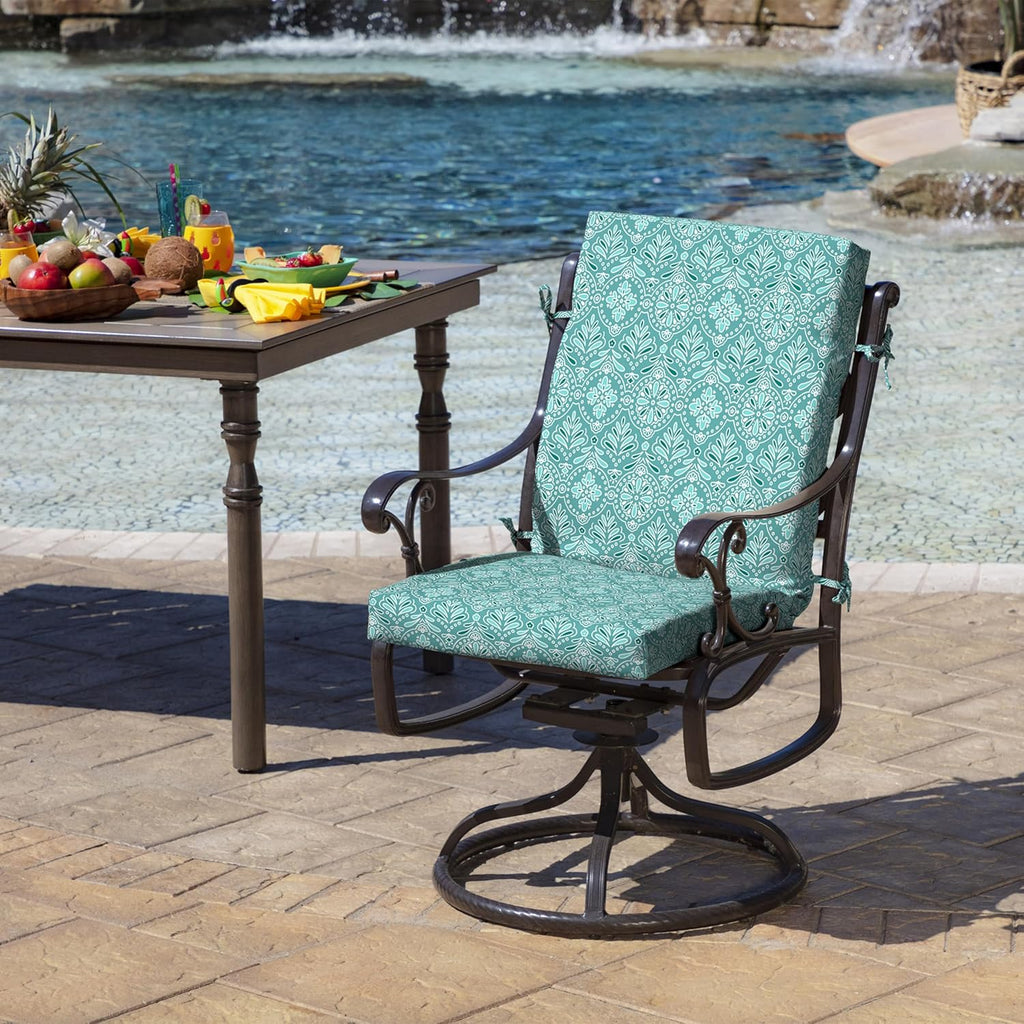 Arden Outdoor Dining Chair Cushion, 2 Pack, 20 x 20, Rain-Proof, Fade Resistant, Turquoise Daphne Medallion