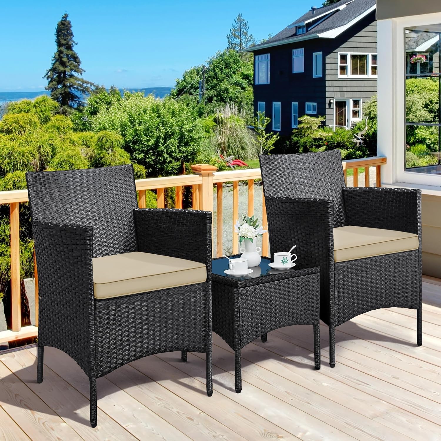 Yaheetech 3 Pieces Patio Conversation Set, Outdoor Rattan Bistro Furniture, 2 Chairs with Cushions & 1 Side Table for Bistro/Porch/Garden/Deck/Courtyard, Black/Khaki