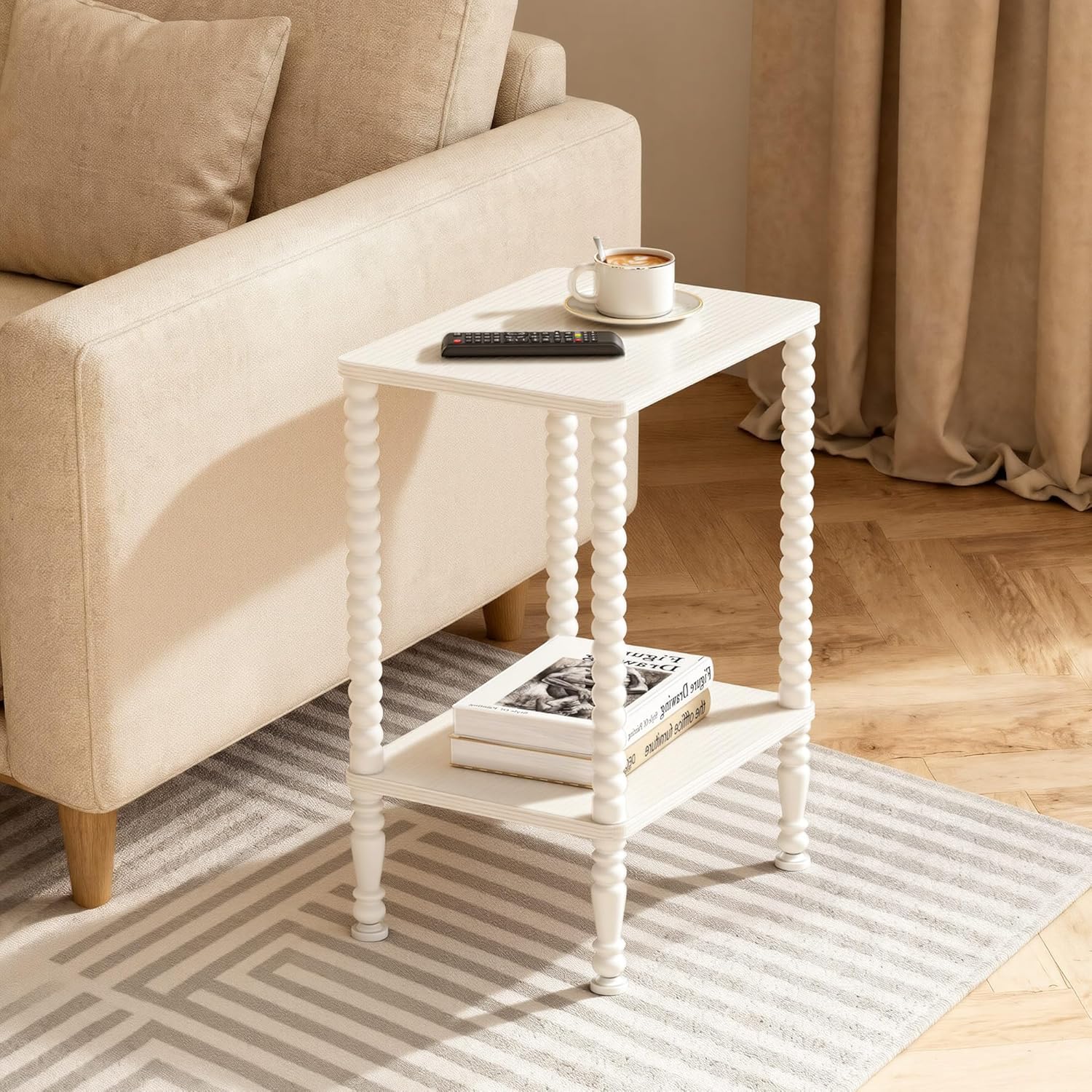 Side Table, Small End Table, 2-Tier Nightstand with Storage Shelves, Coffee Table for Small Spaces, Curved Design, Sofa Table for Living Room, Bedroom, White