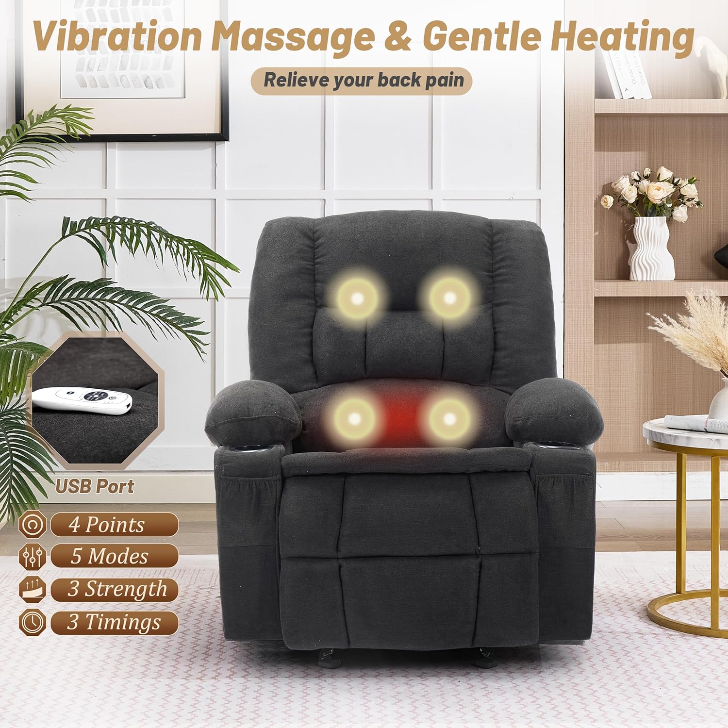 Rocker Recliner Chair with Massage and Heat, Recliner Chair for Adults, Nursery Rocking Chairs for Living Room, Ergonomic Comfy Relining Chair with Cup Holders, USB Charge Port, Side Pockets, Black