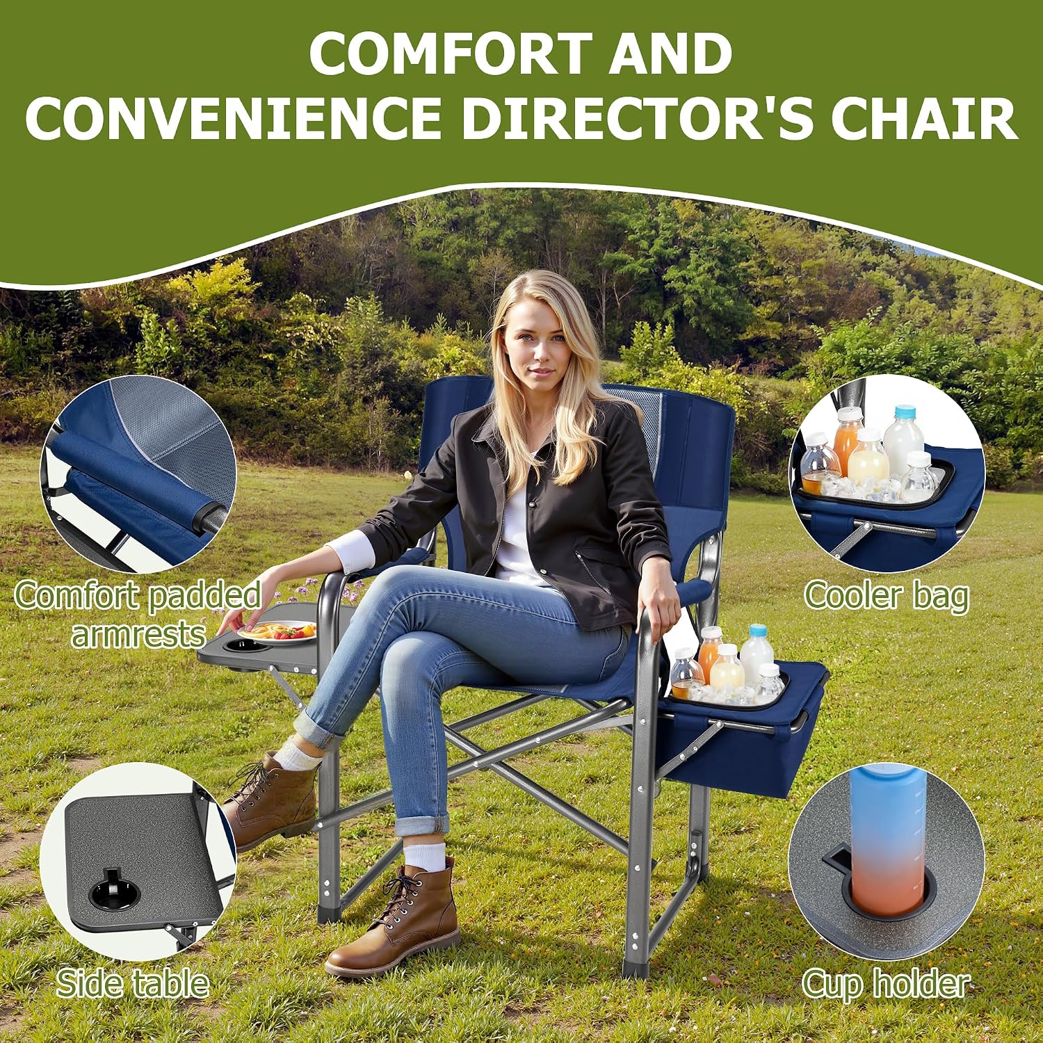 Folding Camping Chair, Heavy Duty Chairs for Adult, Directors Chair, Folding Beach Chair, Oversized Portable Camping Chair with Side Table and Cooler, 400lbs Capacity for Beach, Fishing, Trip, Picnic