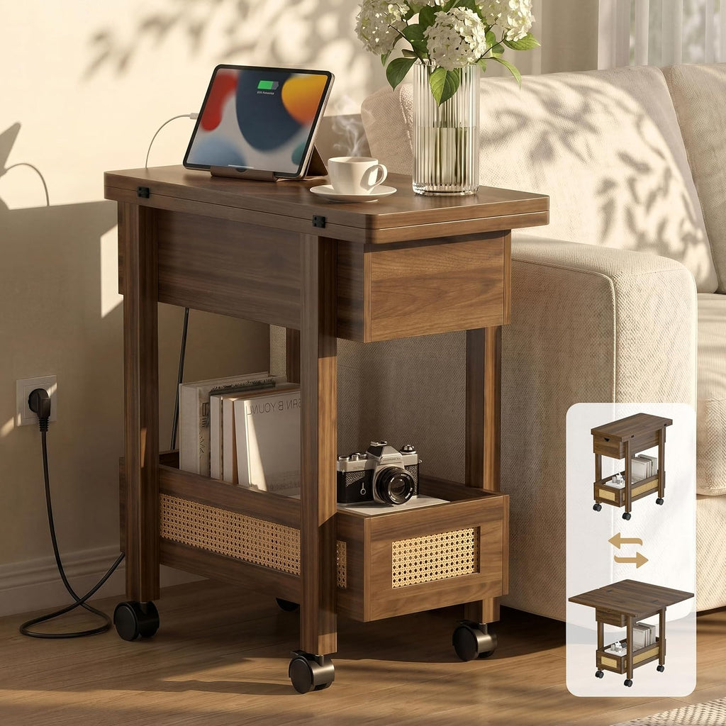YOSHOOT Flip Top End Table with Charging Station, Narrow Side Table | 13" Wide, Rattan, Extensible Design, Small Table with Storage and Wheels, Suitable for Living Room Bedroom Apartment, Walnut