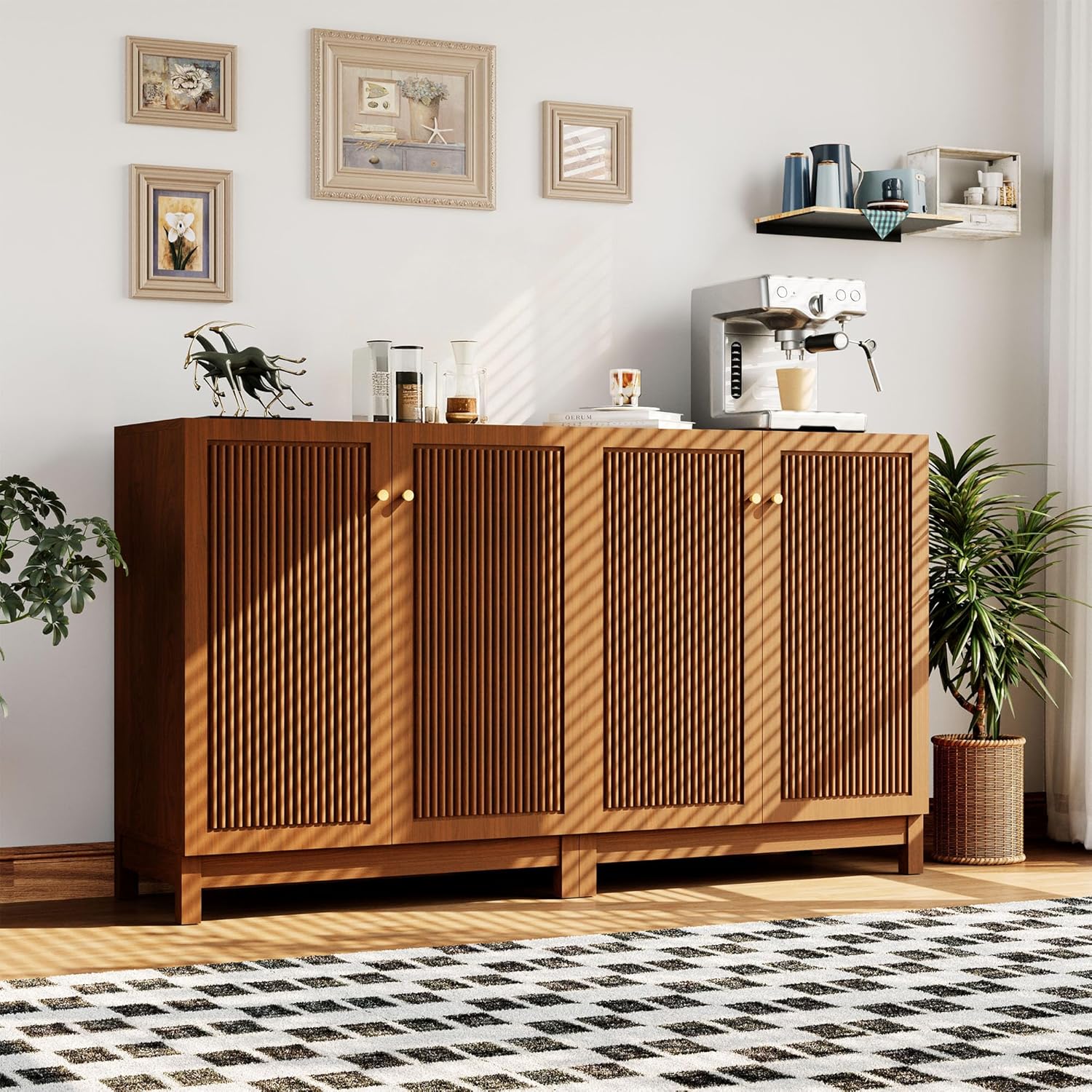 SUNBURY Fluted Cabinet with Storage, Mid Century Modern Accent Cabinet with 2 Doors, Sideboard Buffet with Adjustable Shelves for Living Room, Kitchen, Entryway