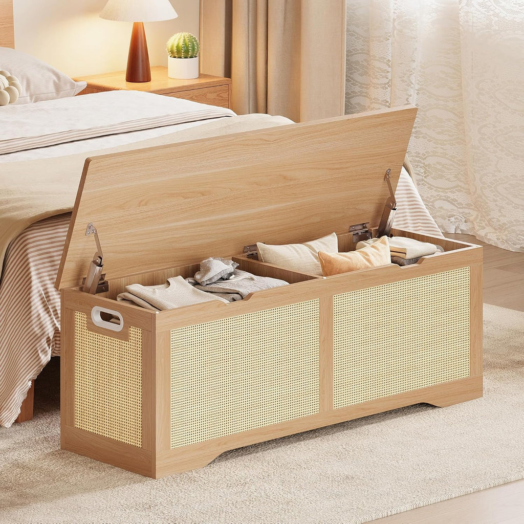 LIKIMIO 47.2" Rattan Storage Ottoman Bench Chest, End of Bed Bench, Storage Chest, Extra Large Entryway Trunk Toy Box for Bedroom, Living Room, Rustic Wood