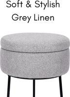 BIRDROCK HOME Grey Linen Storage Stool Ottoman w/Black Metal Leg Base, Soft Compact Padded Seat Footrest, Small Footstool for Living Room Seating, Office, Dorm, Vanity Chair, Bedroom, Couch, Desk