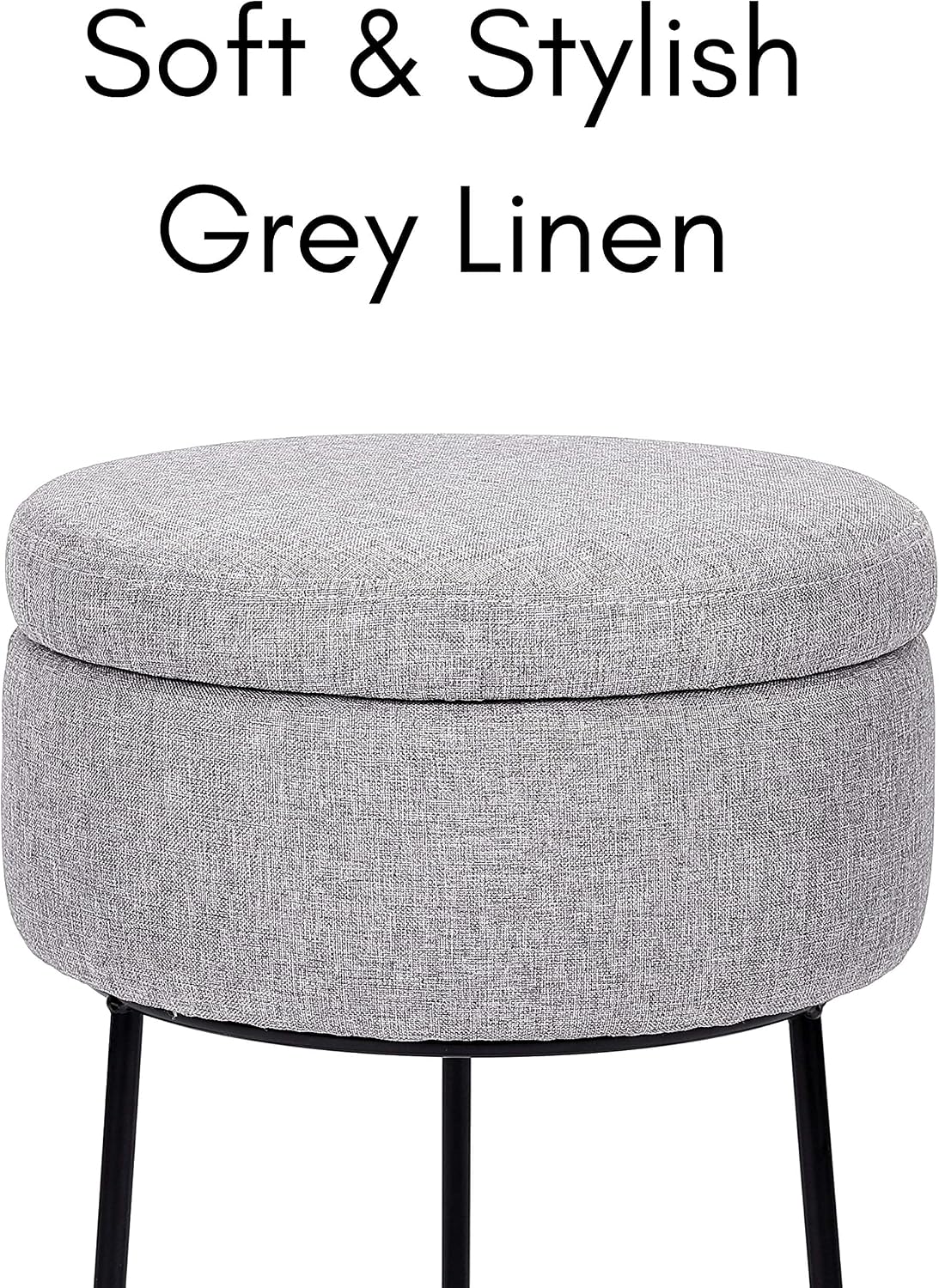 BIRDROCK HOME Grey Linen Storage Stool Ottoman w/Black Metal Leg Base, Soft Compact Padded Seat Footrest, Small Footstool for Living Room Seating, Office, Dorm, Vanity Chair, Bedroom, Couch, Desk
