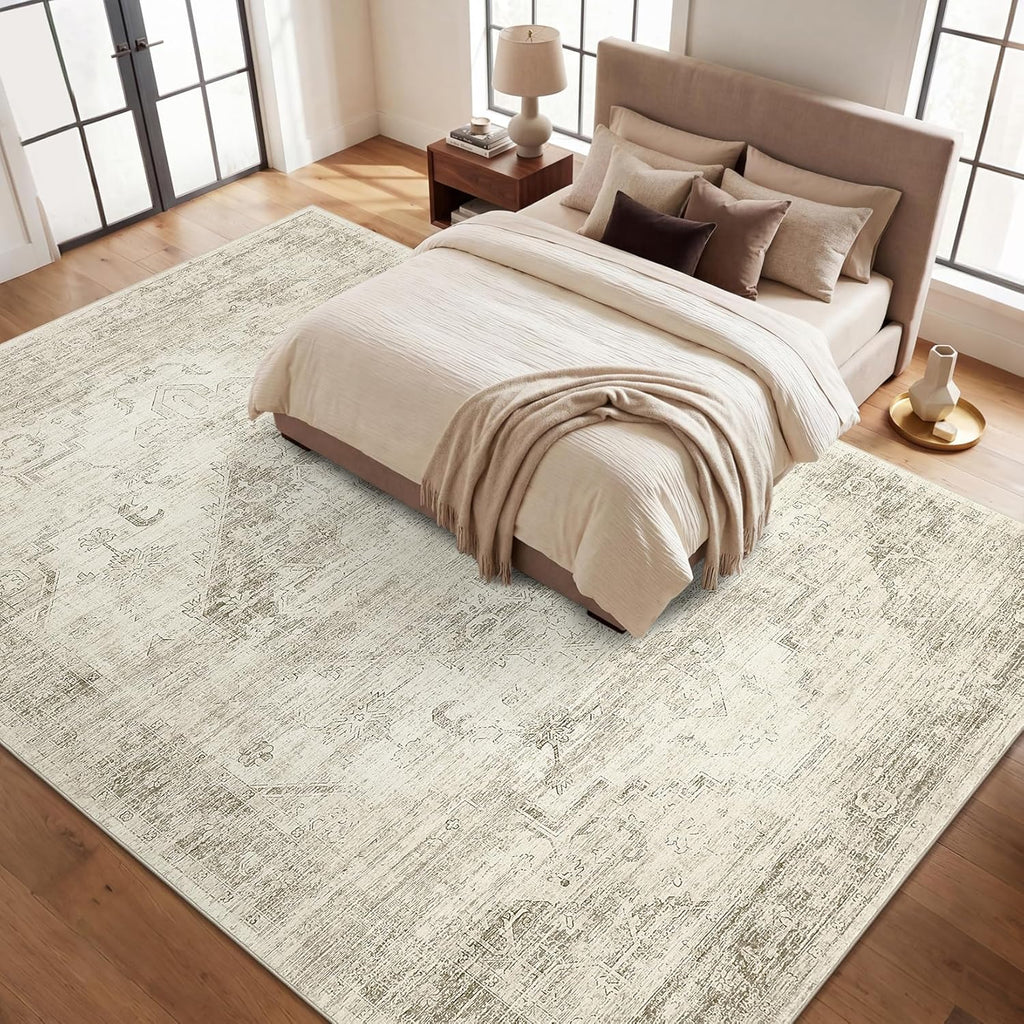 Garvee Beige 8x10 Area Rugs for Living Room, Boho Vintage Non-Slip Washable Rug Low Pile Stain Resistant Soft Foldable Large Carpet for Bedroom Dining Home Decor