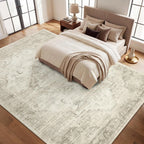 Garvee Beige 8x10 Area Rugs for Living Room, Boho Vintage Non-Slip Washable Rug Low Pile Stain Resistant Soft Foldable Large Carpet for Bedroom Dining Home Decor