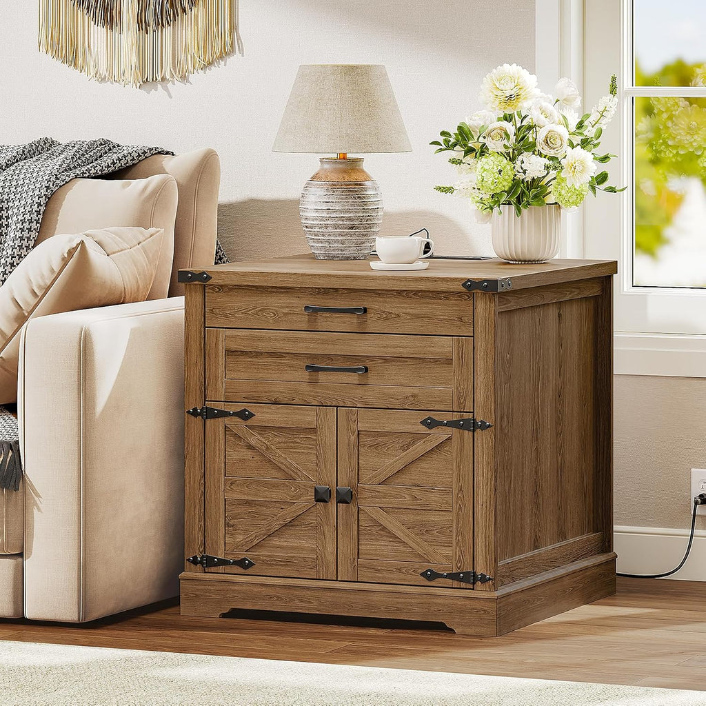 RALGEND Farmhouse End Table with Charging Station, 24'' Sofa Side Table with 2 Drawers and Barn Door, Large Rustic Wooden Square Nightstand for Bedroom, Living Room, Walnut