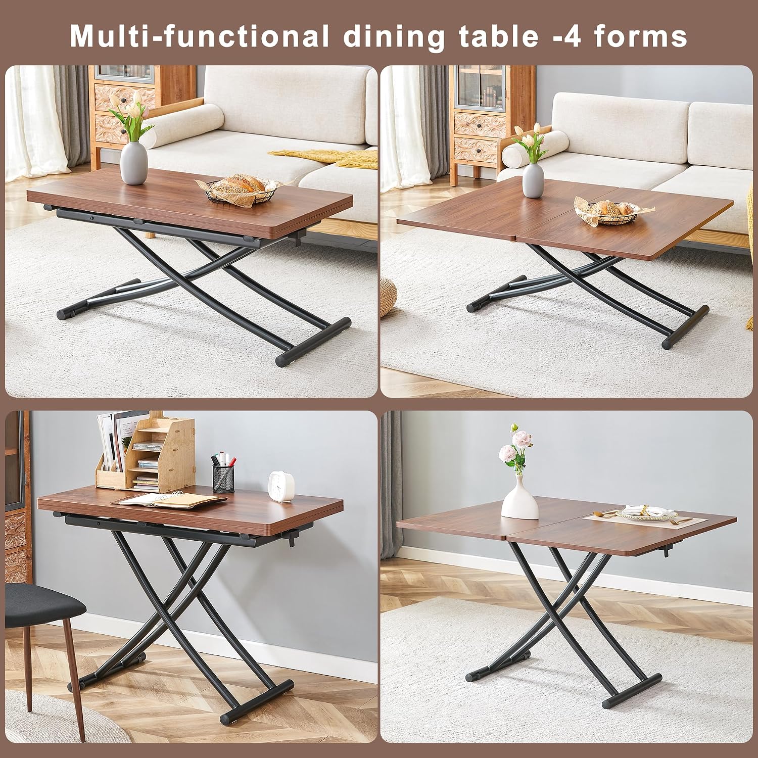 Space Saving Folding Dining Table, Adjustable Height Foldable Coffee Table with Wooden Tabletop and Metal Legs, Small Transformer Kitchen Table for Living Room, Dining Room, Apartment